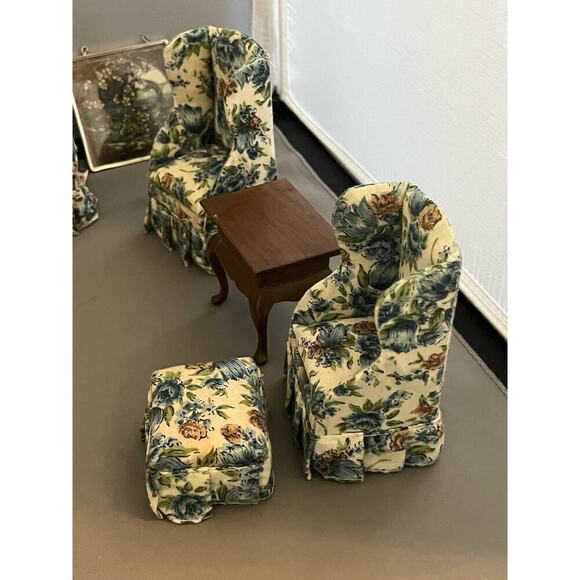 Dollhouse Furniture Living Room 10 pc Loveseat ARm Chair End Table stool Clock - Picture 6 of 11